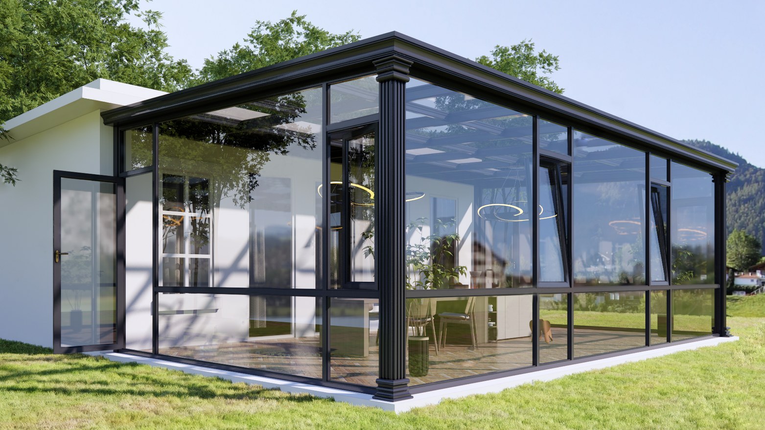 Glazed sunroom with dark frames beside a garden