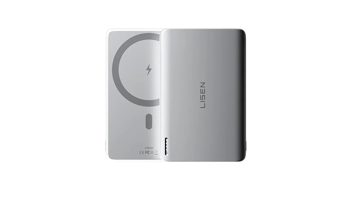 Front and back views of a silver power bank with a metal housing