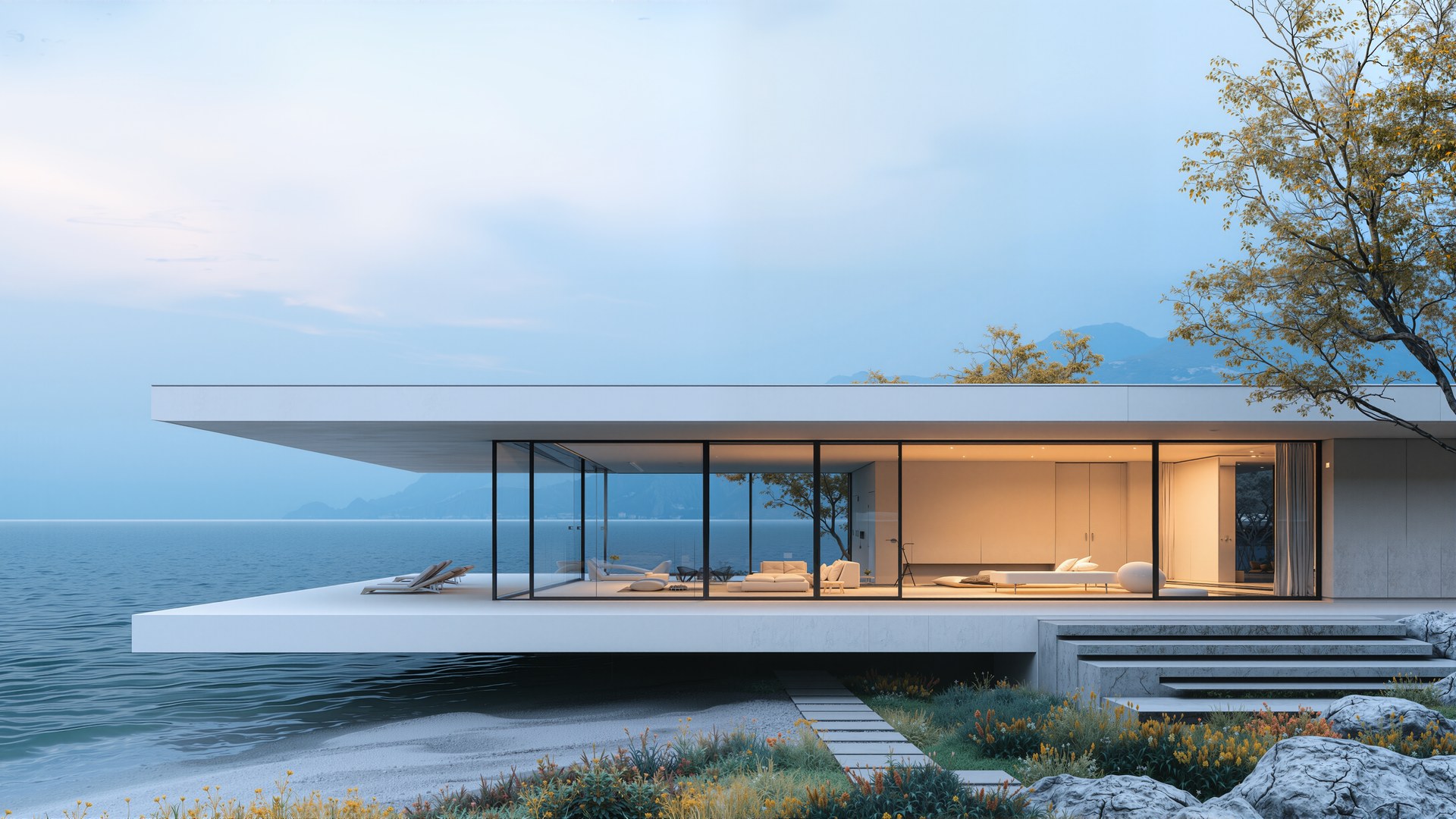 Modern waterfront residence with full-height glazing