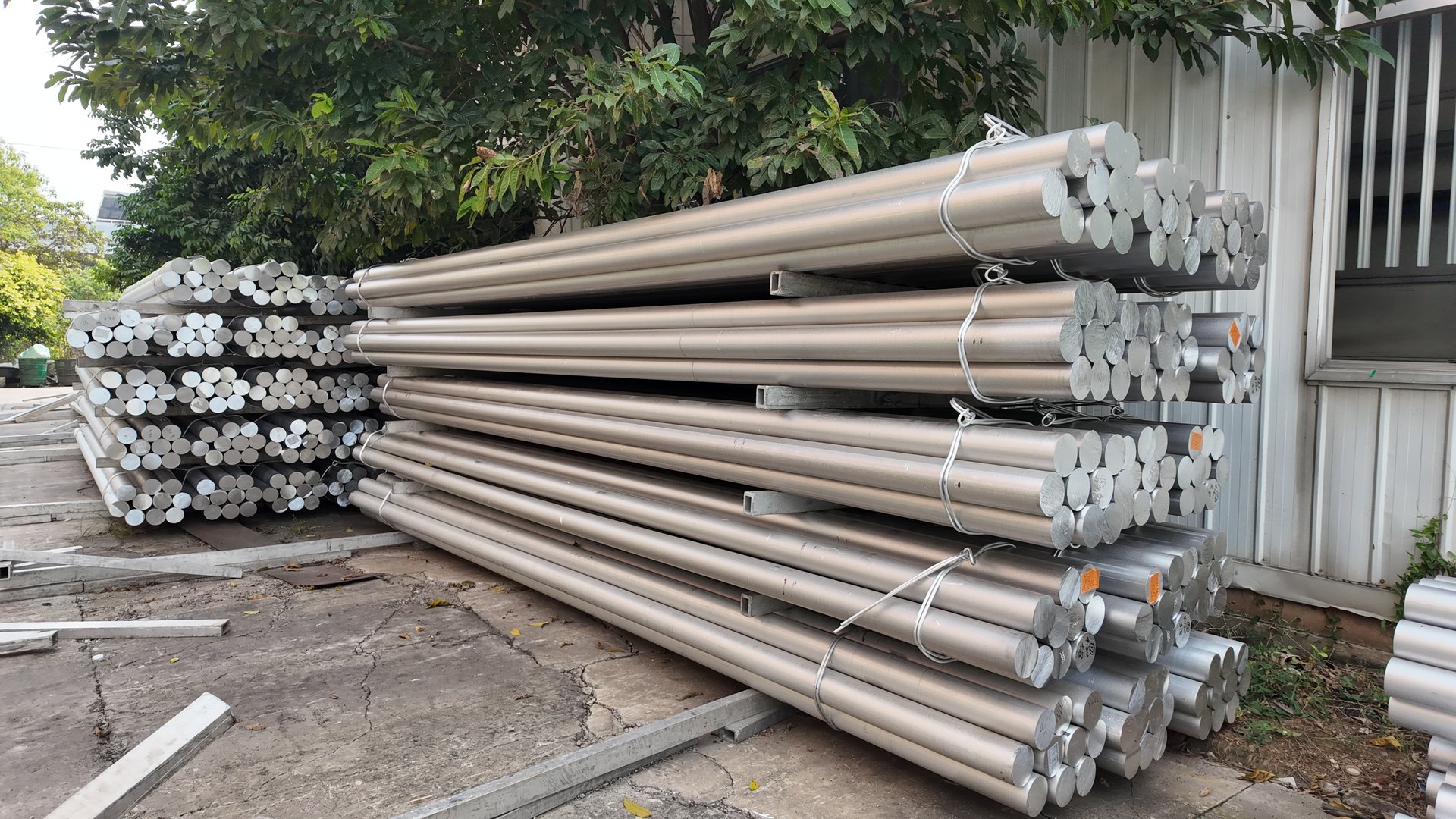 Bundles of aluminum round stock in the factory material area